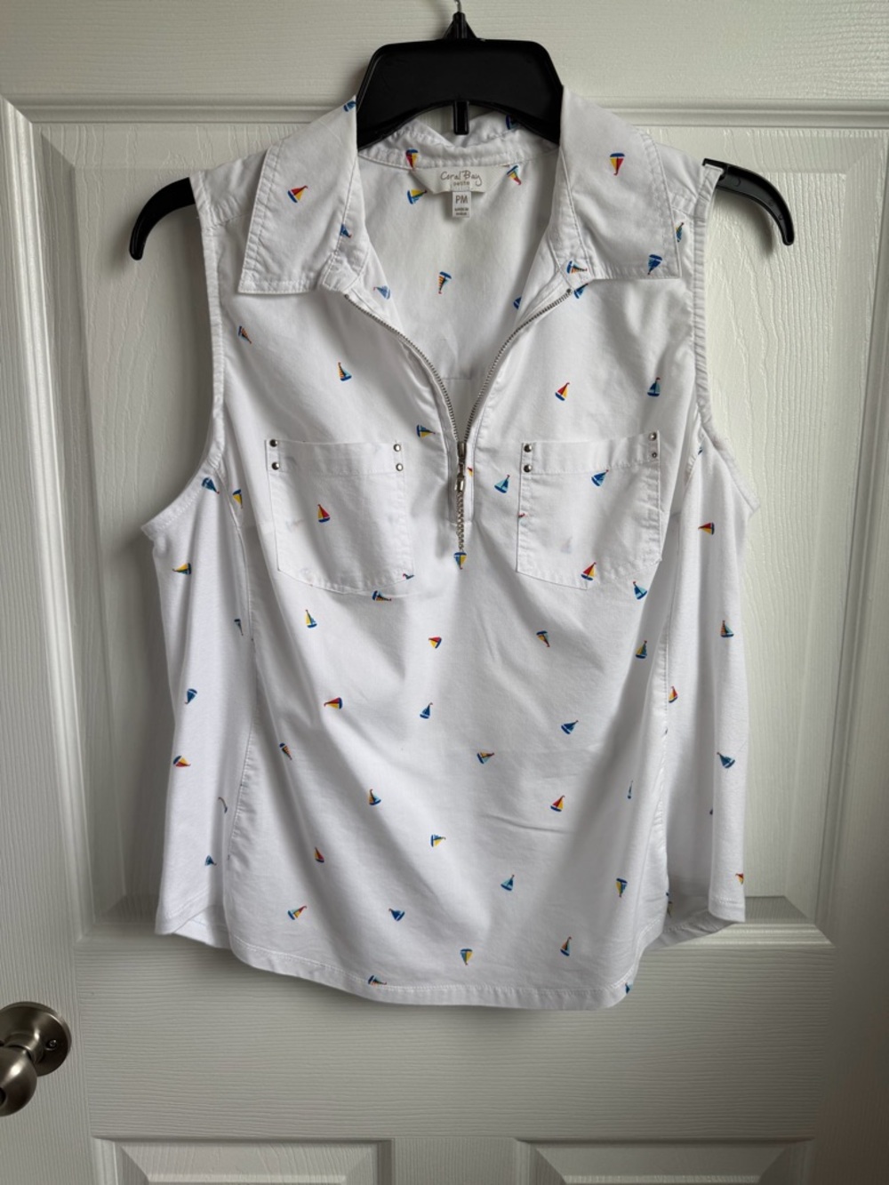 Coral Bay White Sleeveless Petite Tank with Multicolor Sailboat Print